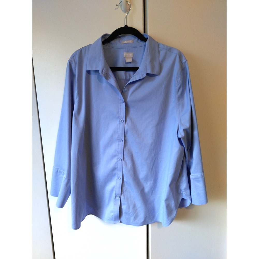 Chicos No Iron Button Down Shirt Womens Size 4 Blue Stretch Business Casual